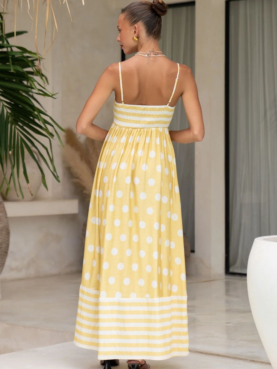 Yellow Polka Dot Pocketed A-Line Maxi Dress