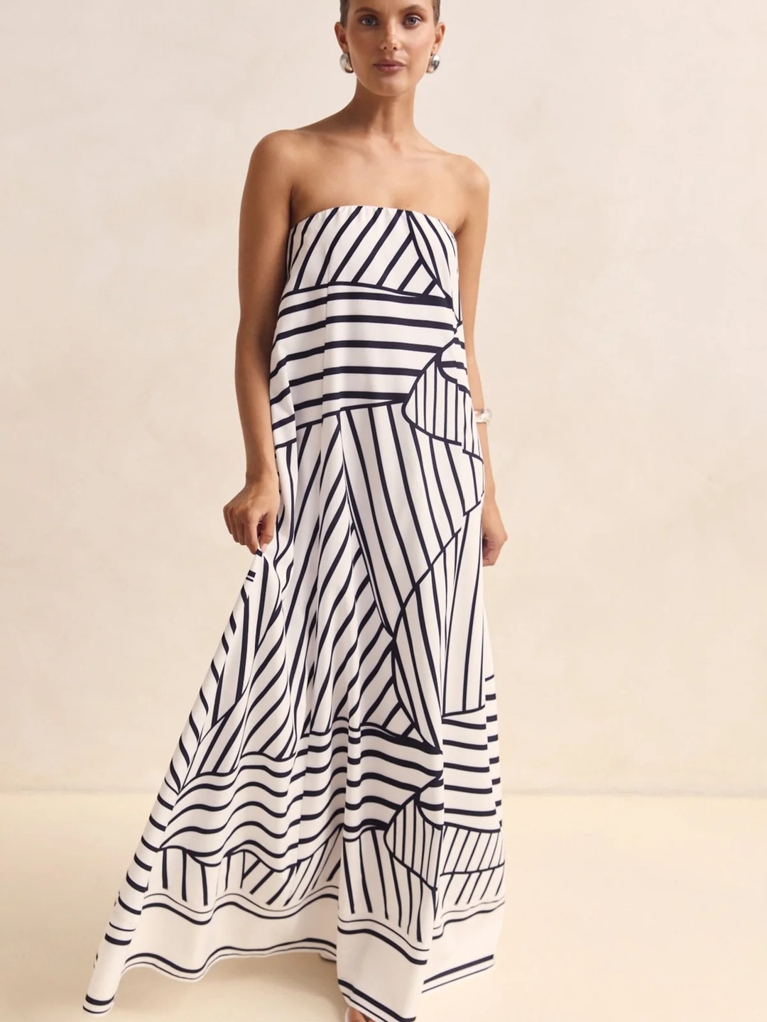 White Abstract Print Bandeau Maxi Dress