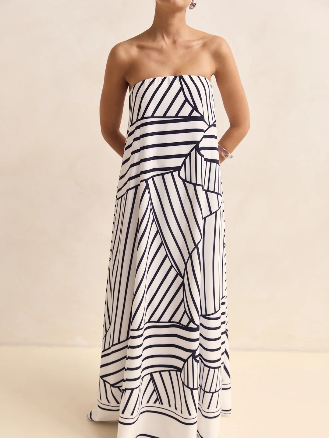 White Abstract Print Bandeau Maxi Dress