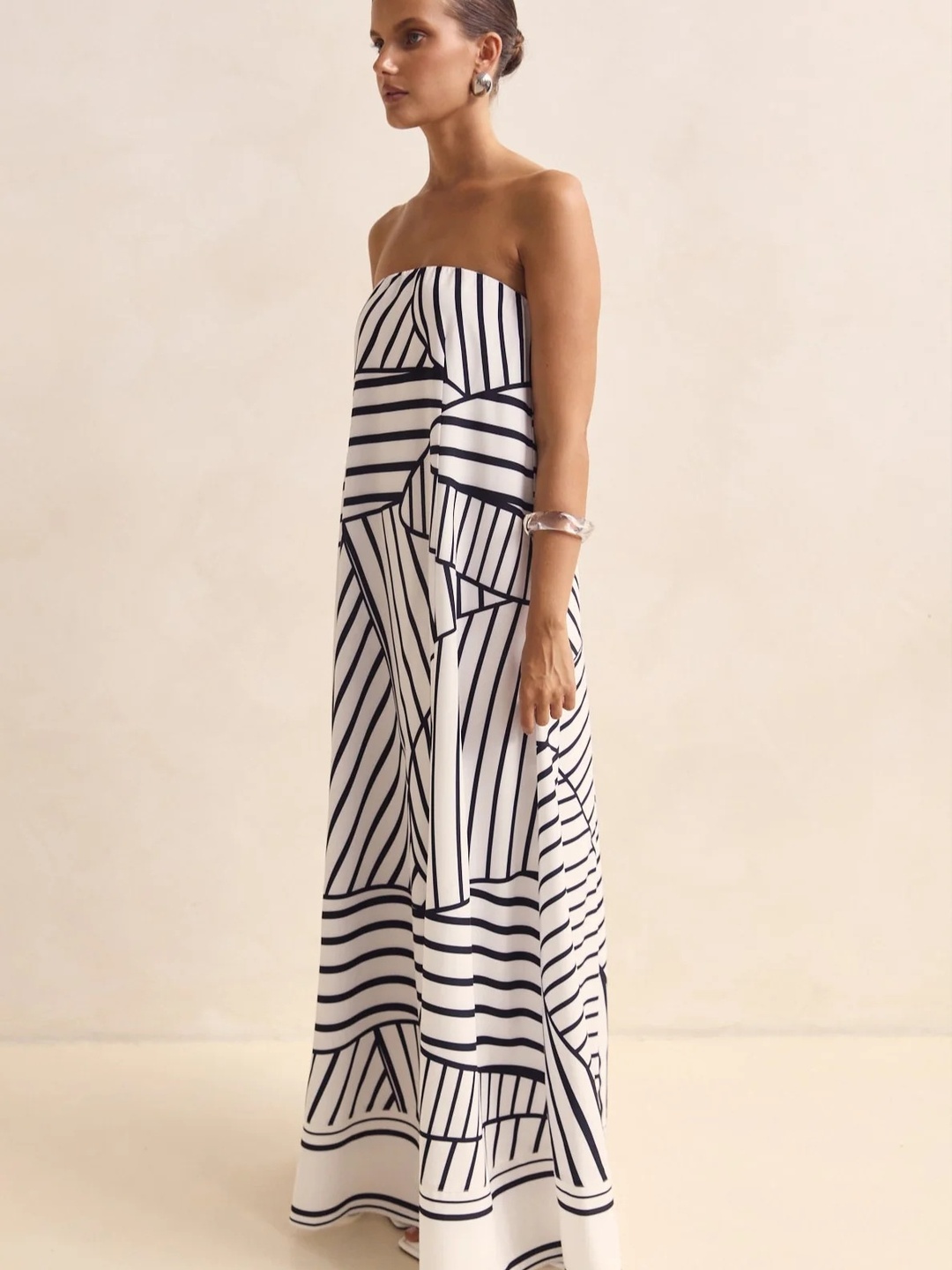 White Abstract Print Bandeau Maxi Dress