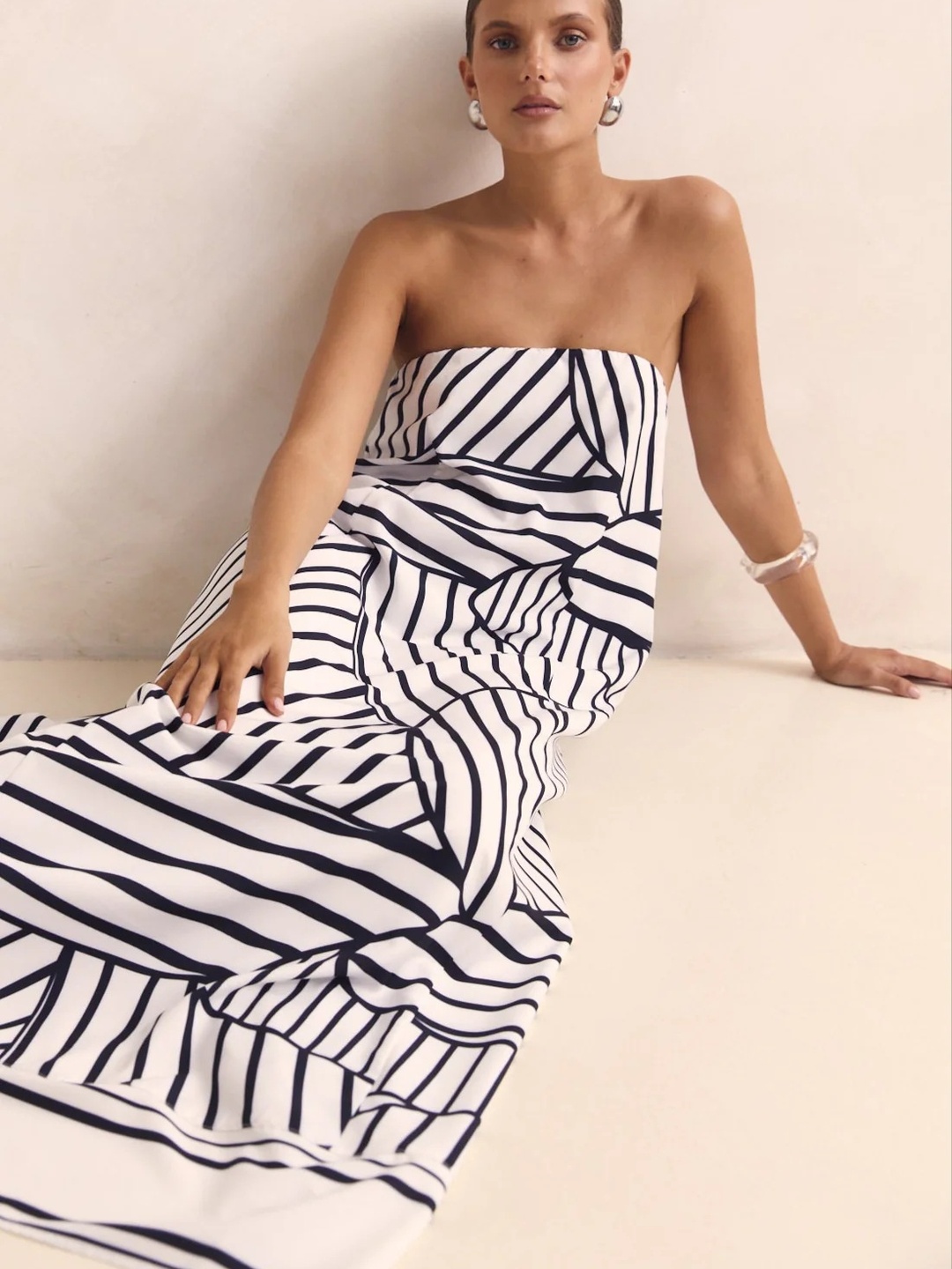White Abstract Print Bandeau Maxi Dress