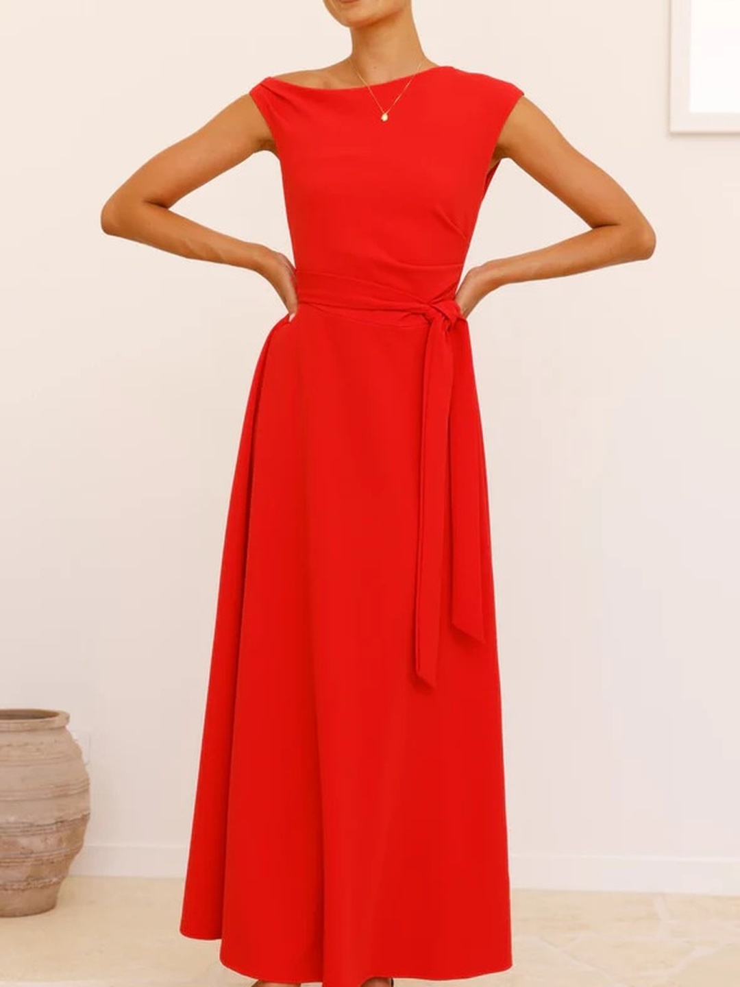 Red Asymmetric Neck A-Line Maxi Dress
