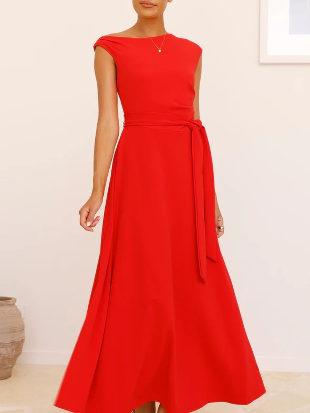 Red Asymmetric Neck A-Line Maxi Dress