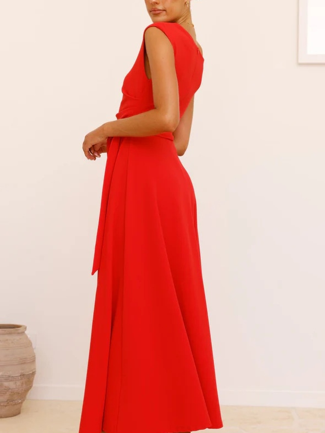 Red Asymmetric Neck A-Line Maxi Dress