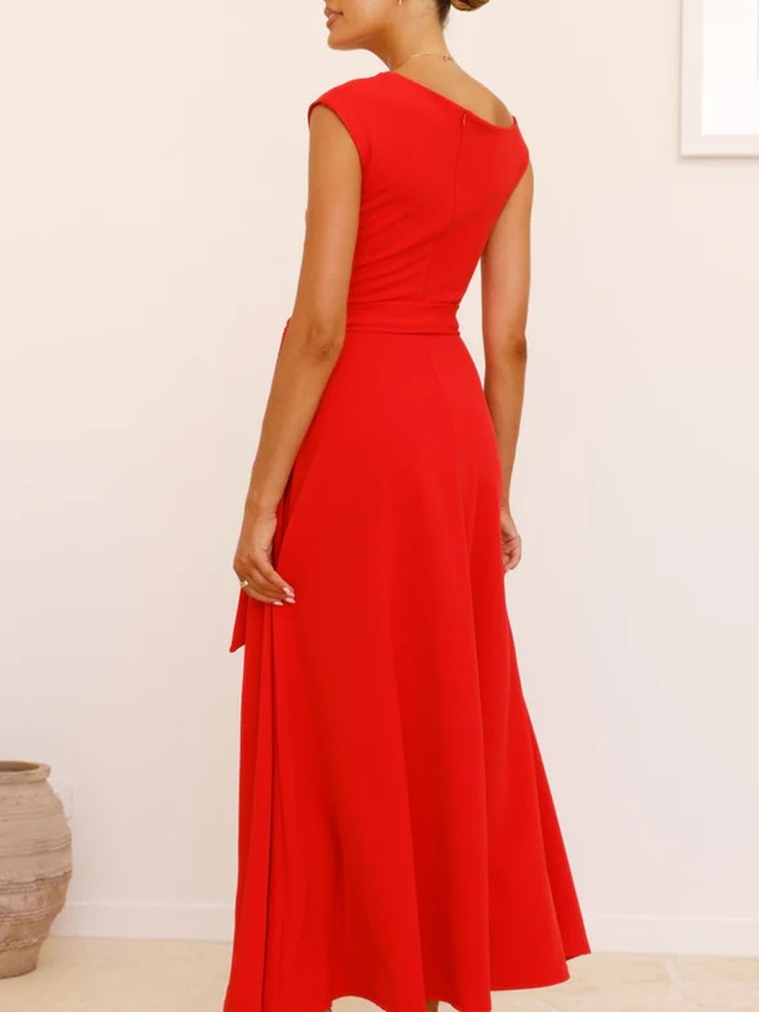 Red Asymmetric Neck A-Line Maxi Dress