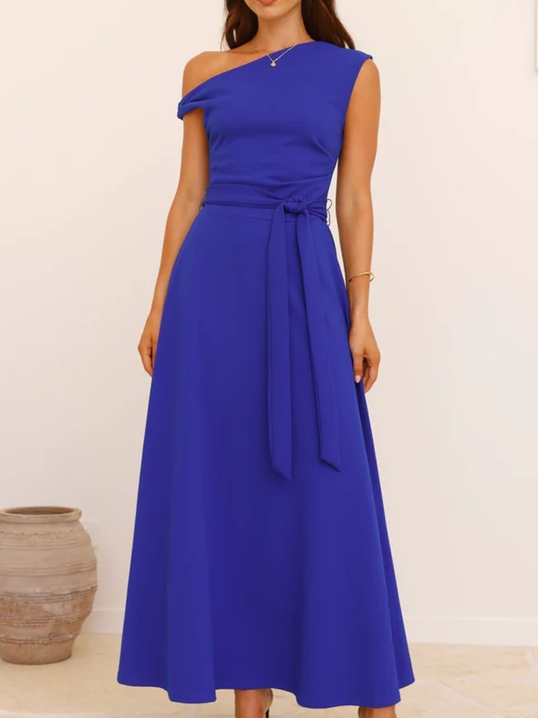 Blue Asymmetric Neck A-Line Maxi Dress