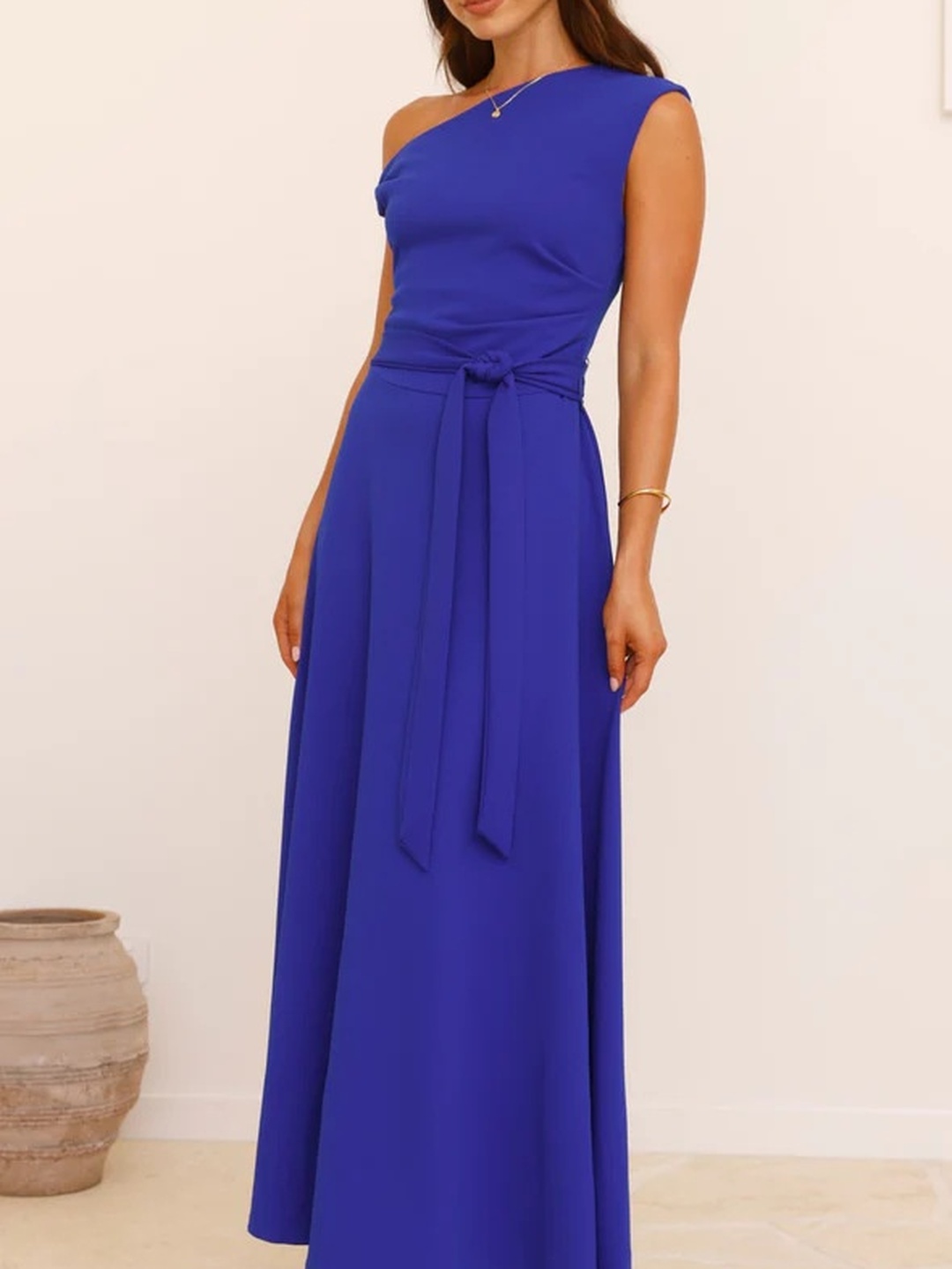 Blue Asymmetric Neck A-Line Maxi Dress