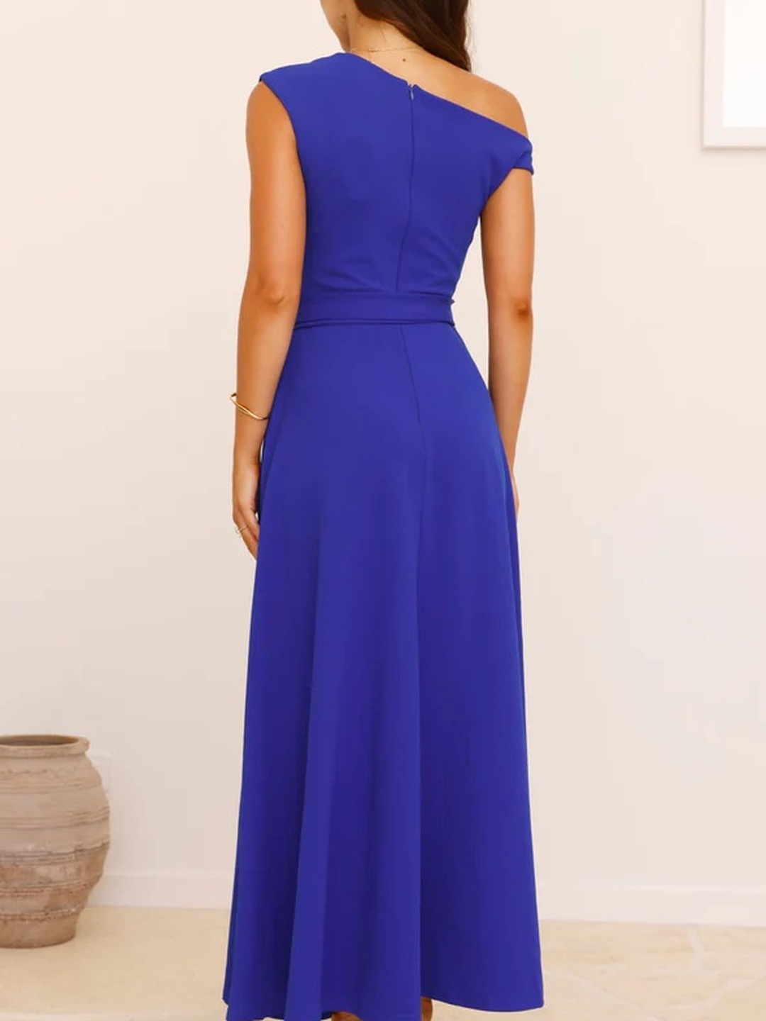 Blue Asymmetric Neck A-Line Maxi Dress