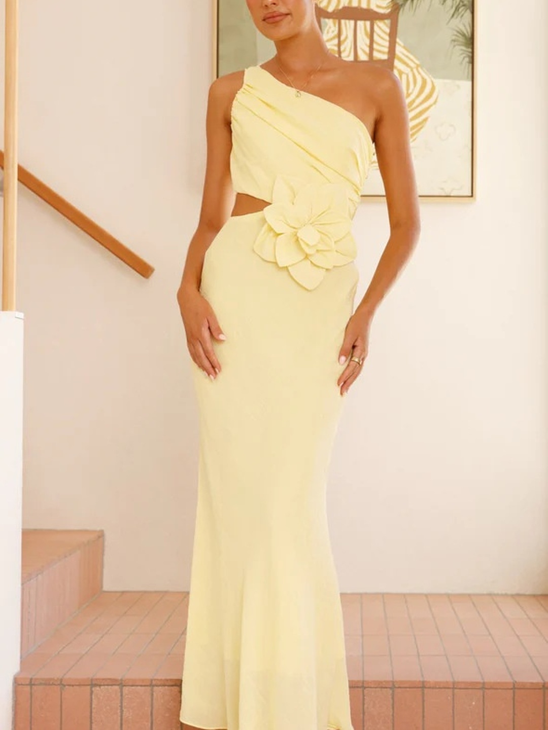 Yellow One-Shoulder Maxi Dress with Flower Detail