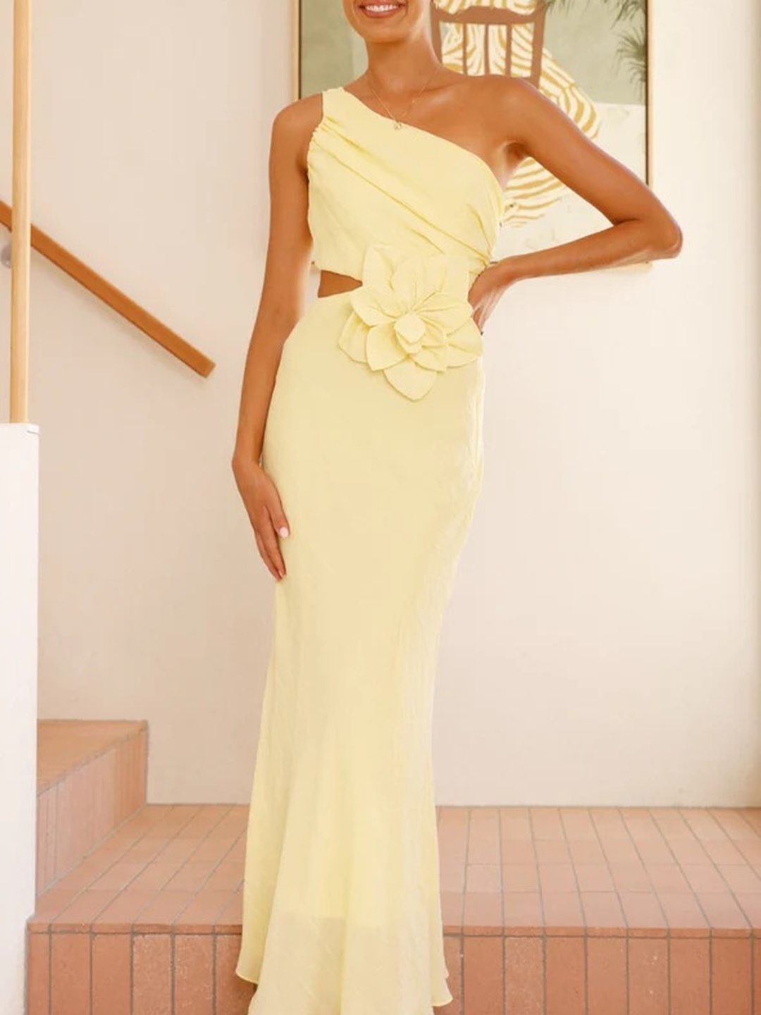Yellow One-Shoulder Maxi Dress with Flower Detail
