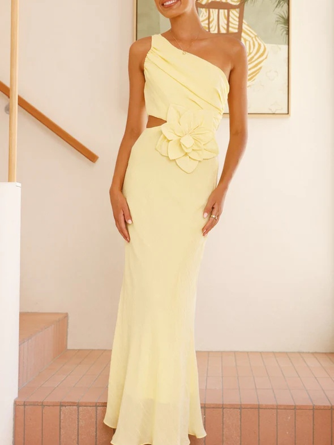Yellow One-Shoulder Maxi Dress with Flower Detail