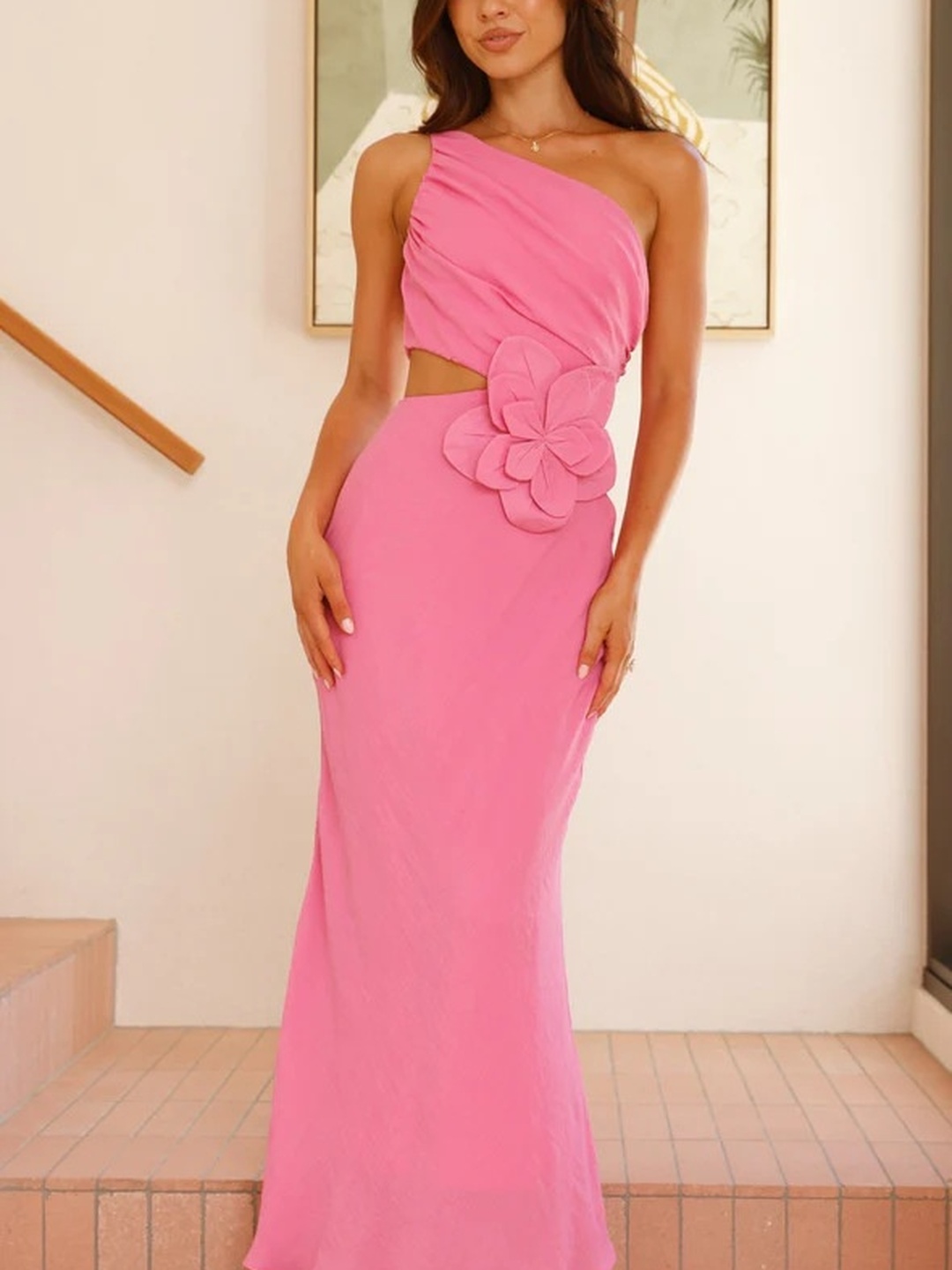 Pink One-Shoulder Maxi Dress with Flower Detail