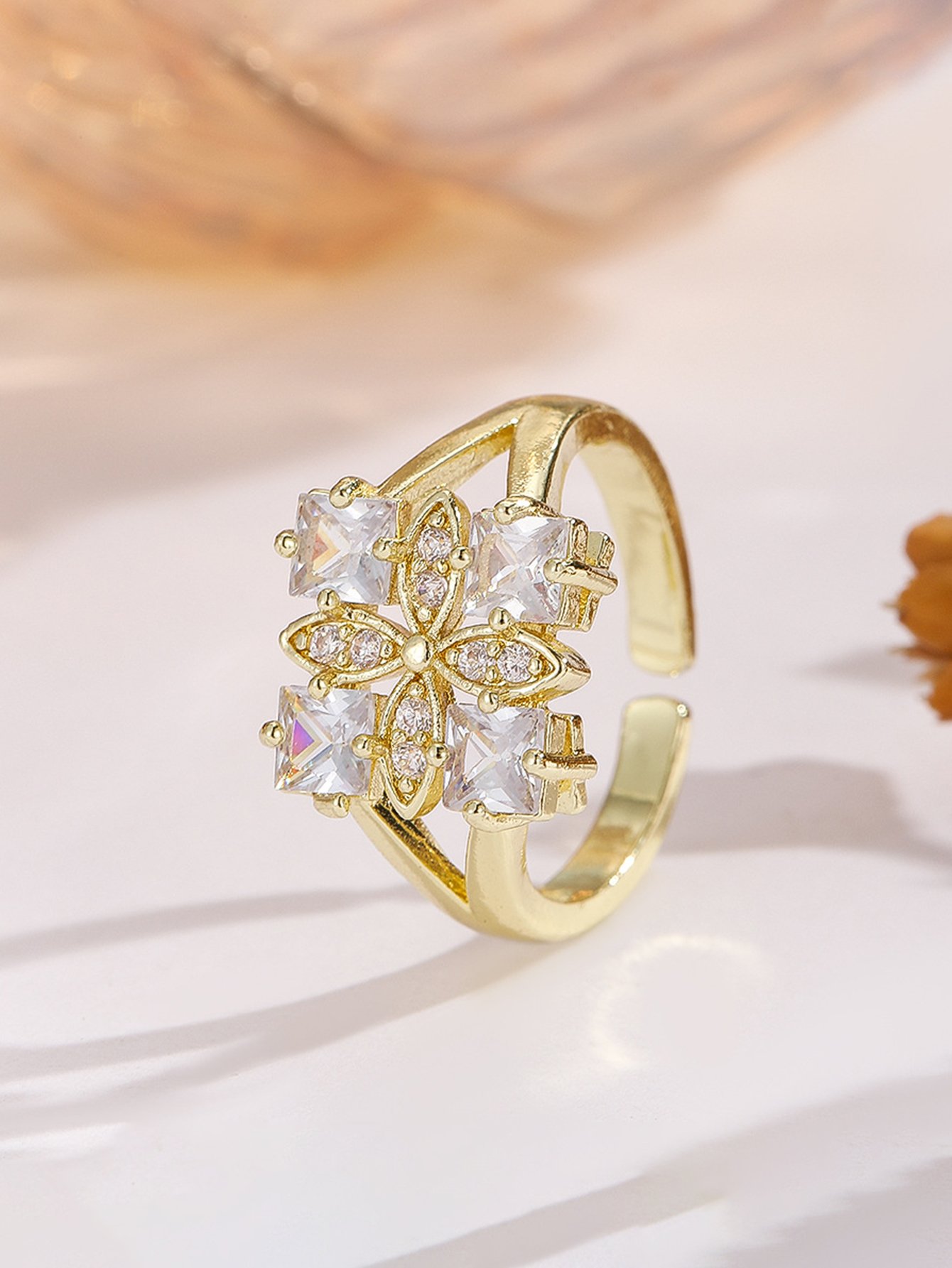 Gold Tone Embellished Clover Adjustable Ring