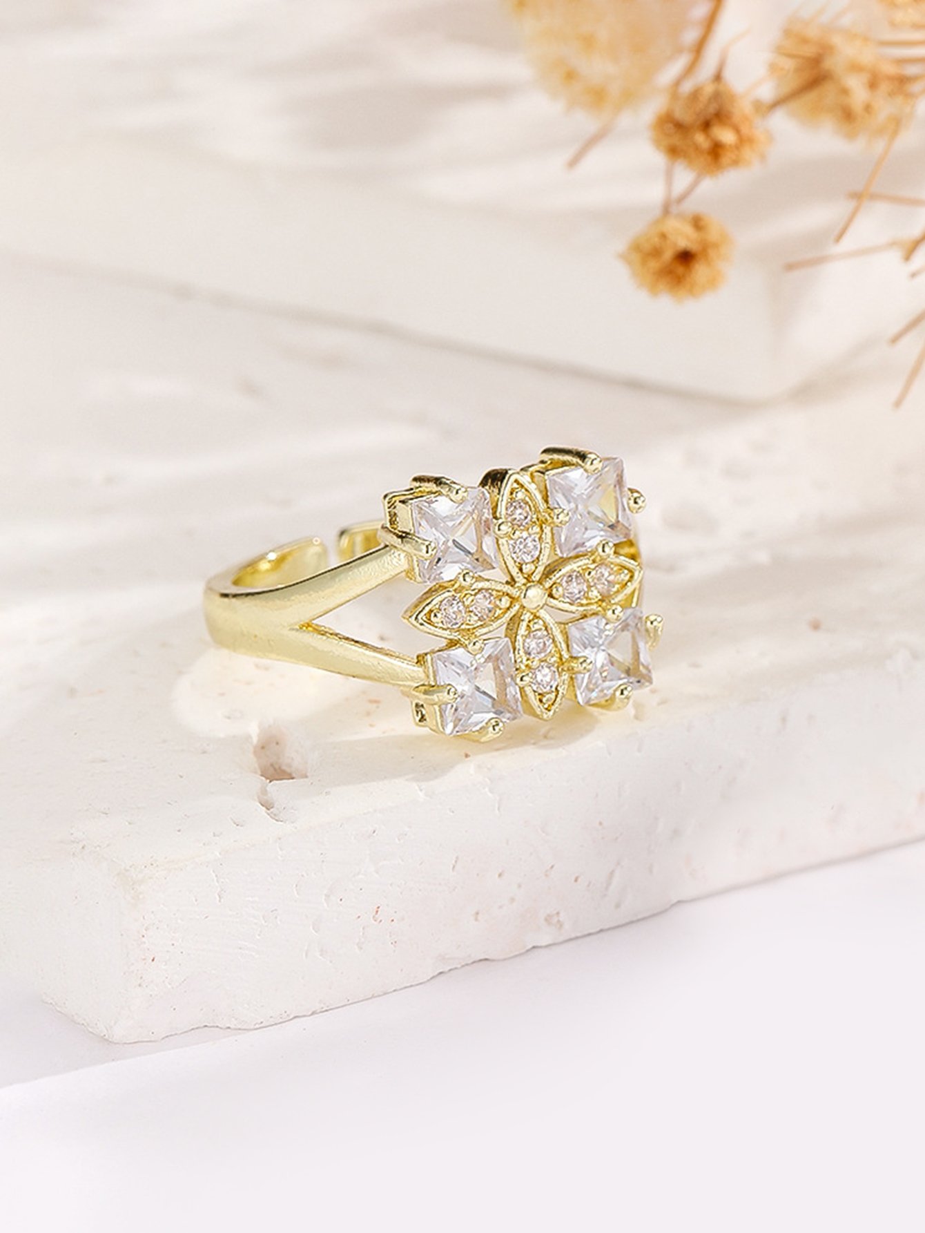 Gold Tone Embellished Clover Adjustable Ring
