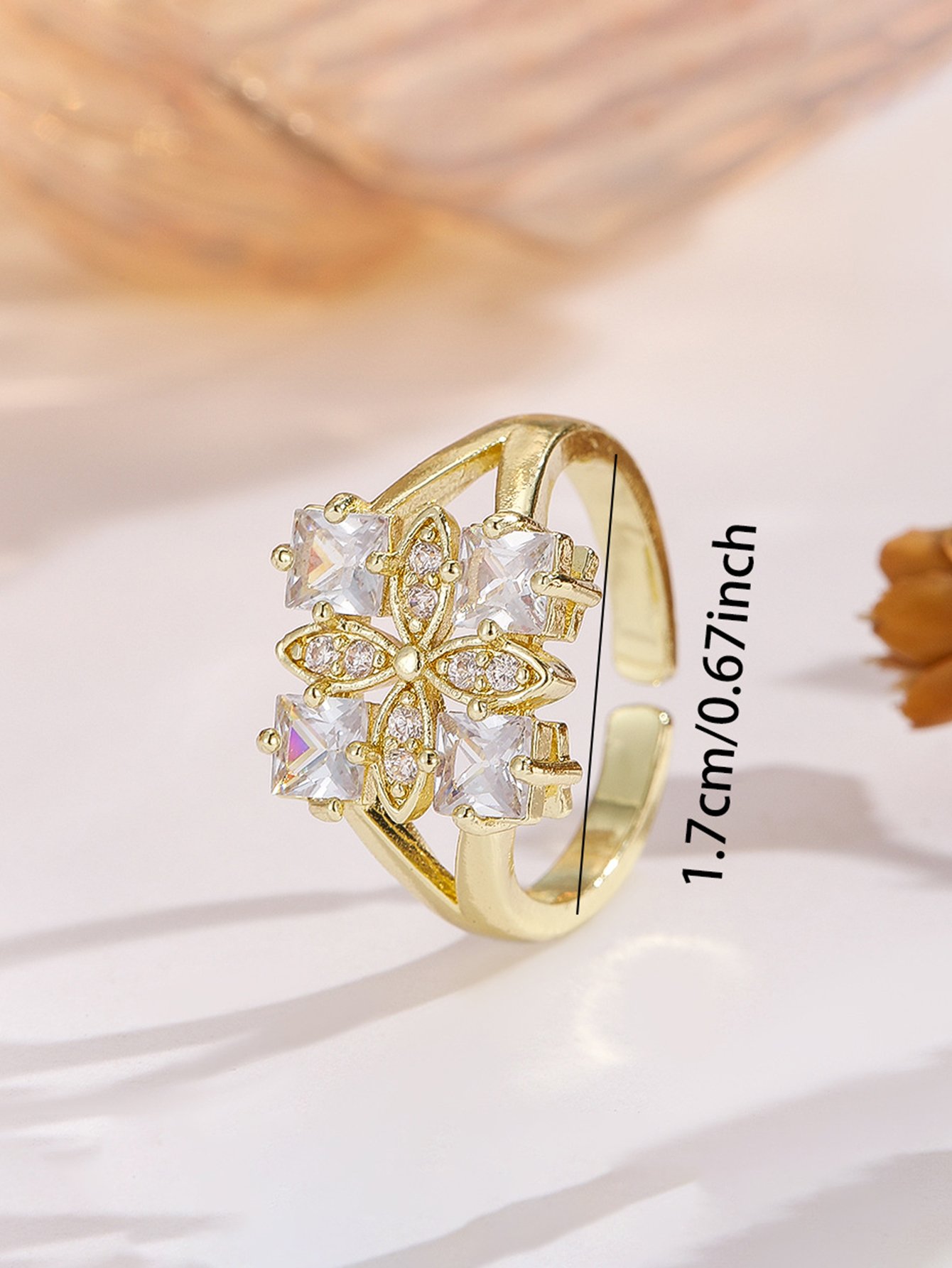 Gold Tone Embellished Clover Adjustable Ring