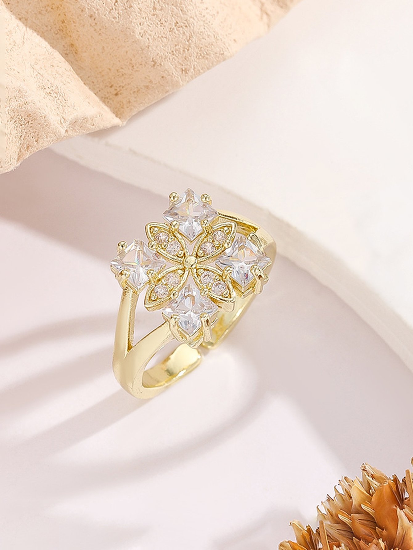 Gold Tone Embellished Clover Adjustable Ring