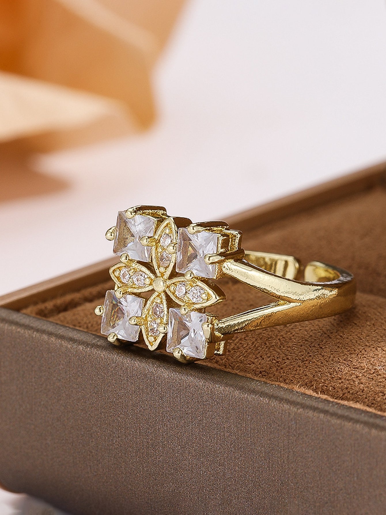 Gold Tone Embellished Clover Adjustable Ring