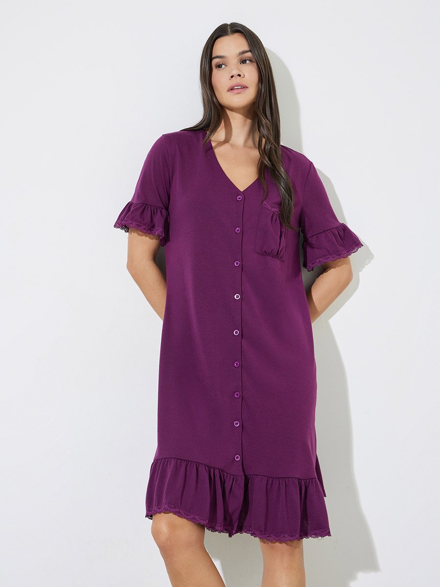 Burgundy V Neck Lace Insert Ruffle Hem Nightshirt
