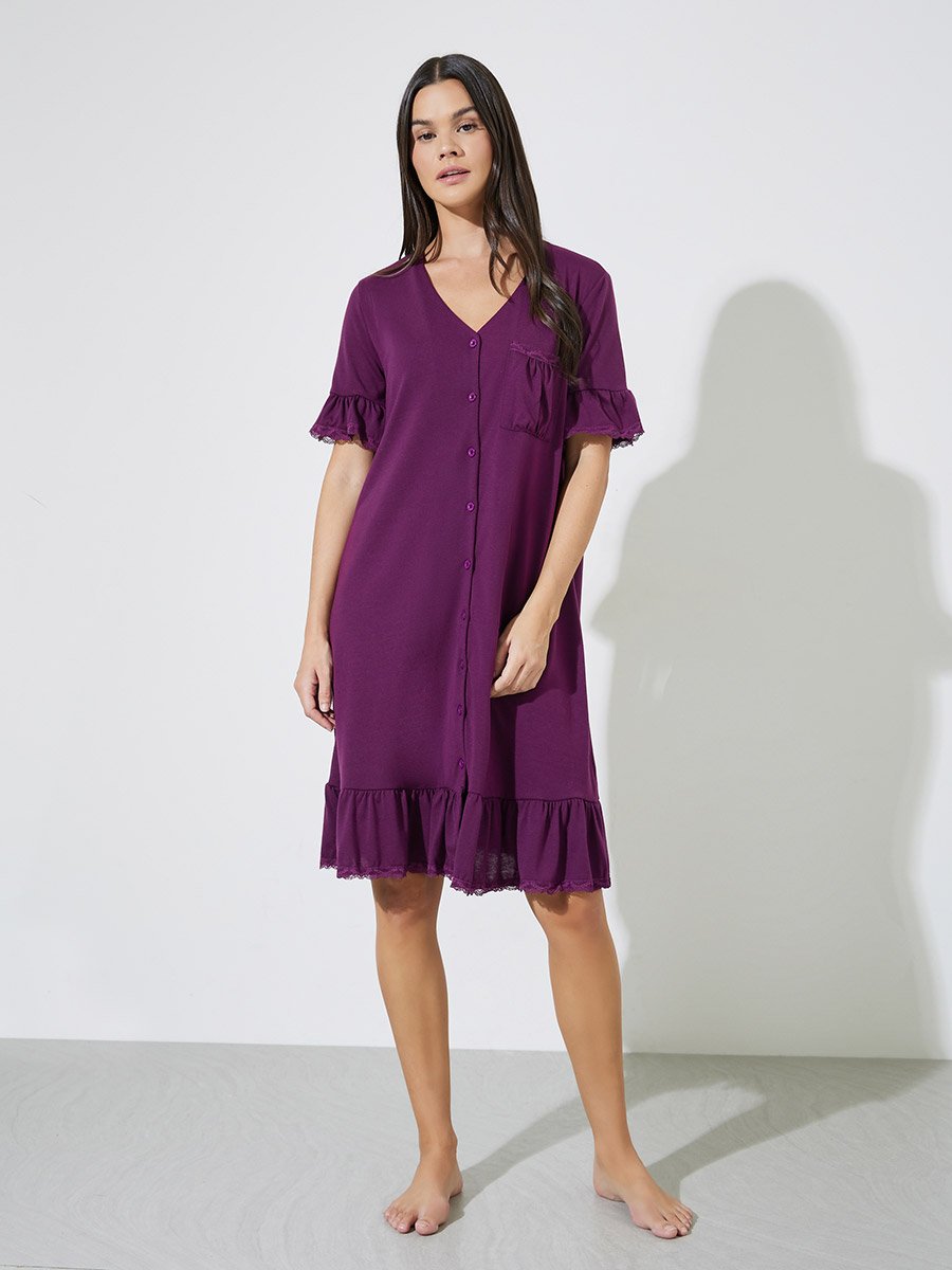 Burgundy V Neck Lace Insert Ruffle Hem Nightshirt