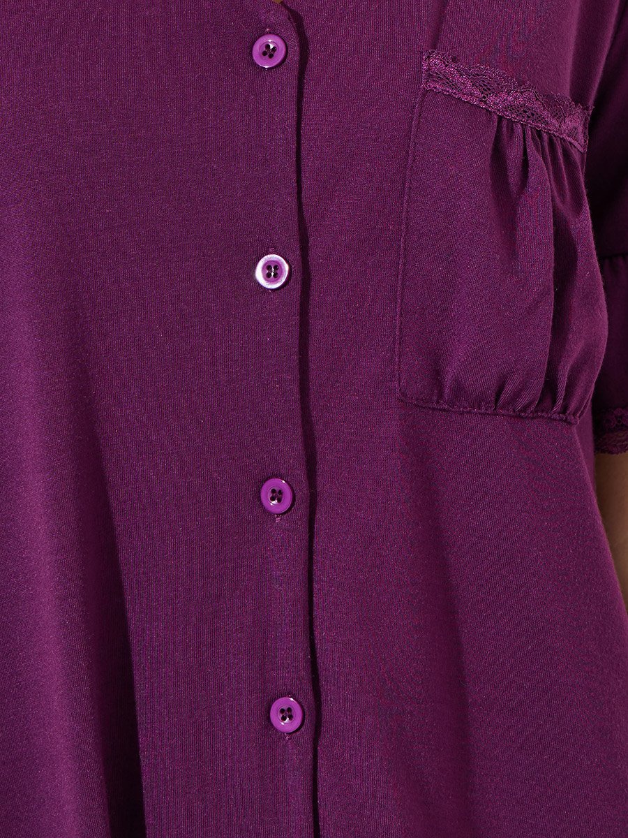 Burgundy V Neck Lace Insert Ruffle Hem Nightshirt