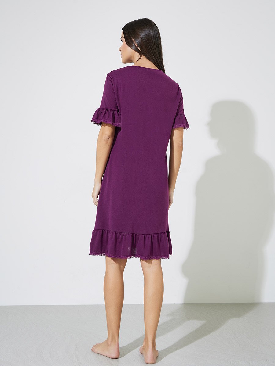 Burgundy V Neck Lace Insert Ruffle Hem Nightshirt
