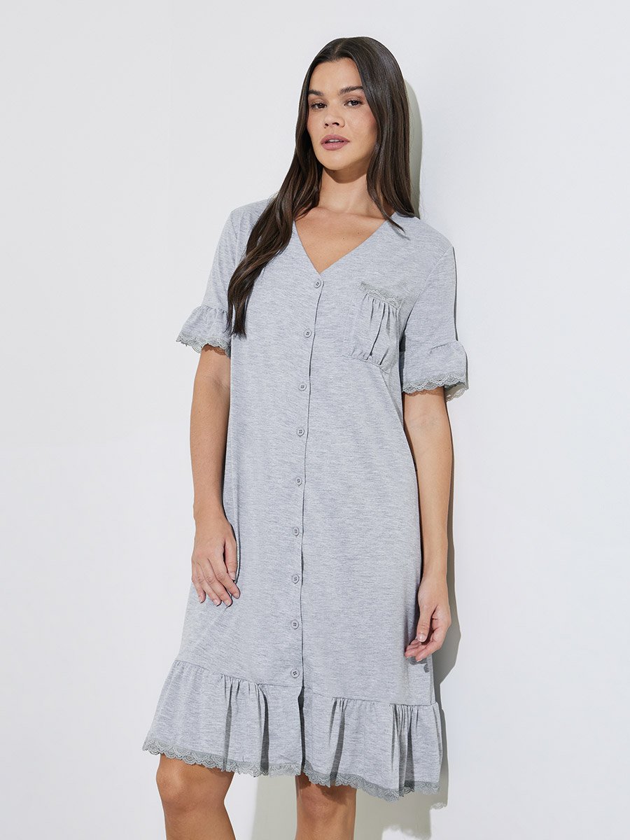 Grey V Neck Lace Insert Ruffle Hem Nightshirt