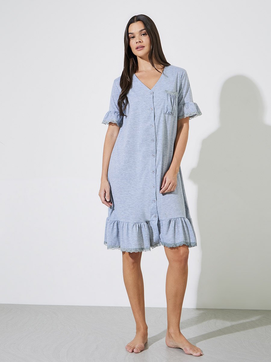 Grey V Neck Lace Insert Ruffle Hem Nightshirt