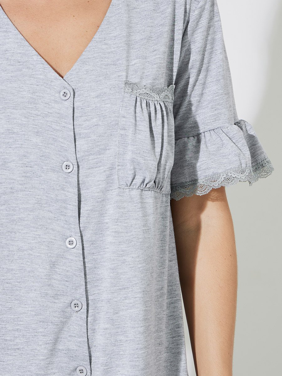 Grey V Neck Lace Insert Ruffle Hem Nightshirt