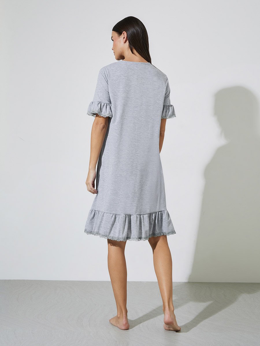 Grey V Neck Lace Insert Ruffle Hem Nightshirt