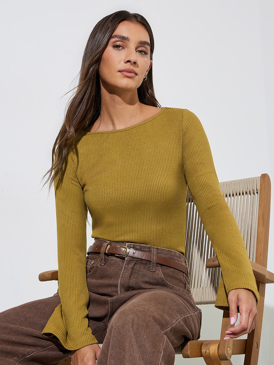 Mustard Long Flared Sleeves Wide Neck Knit Top