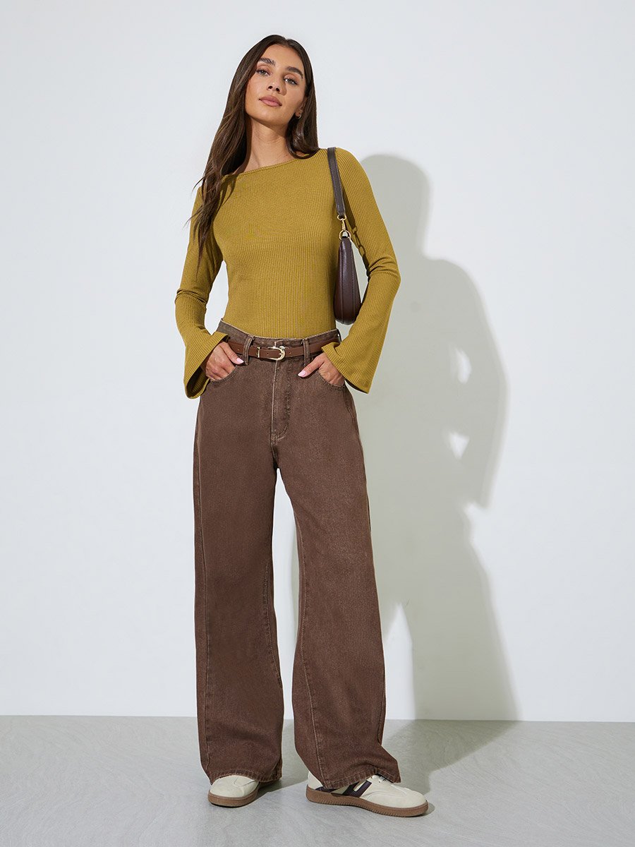Mustard Long Flared Sleeves Wide Neck Knit Top