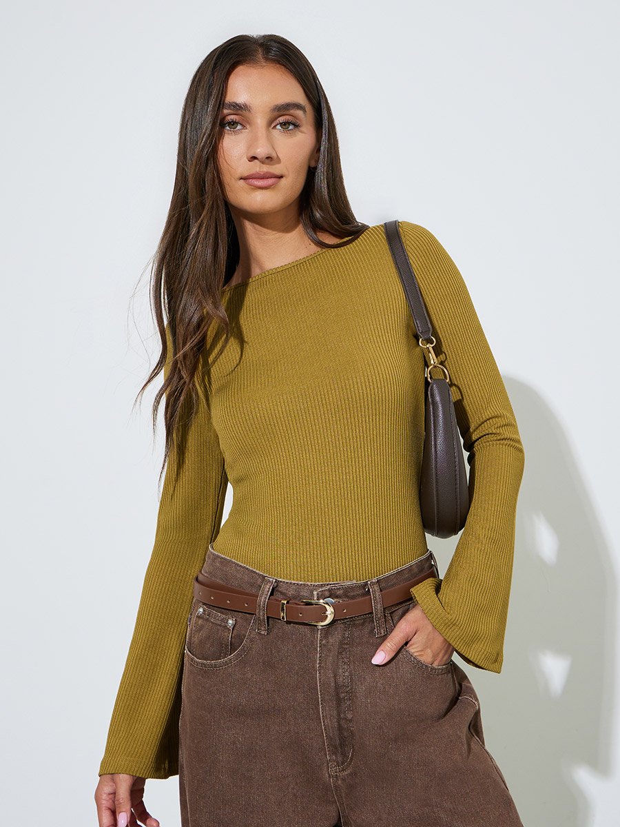 Mustard Long Flared Sleeves Wide Neck Knit Top