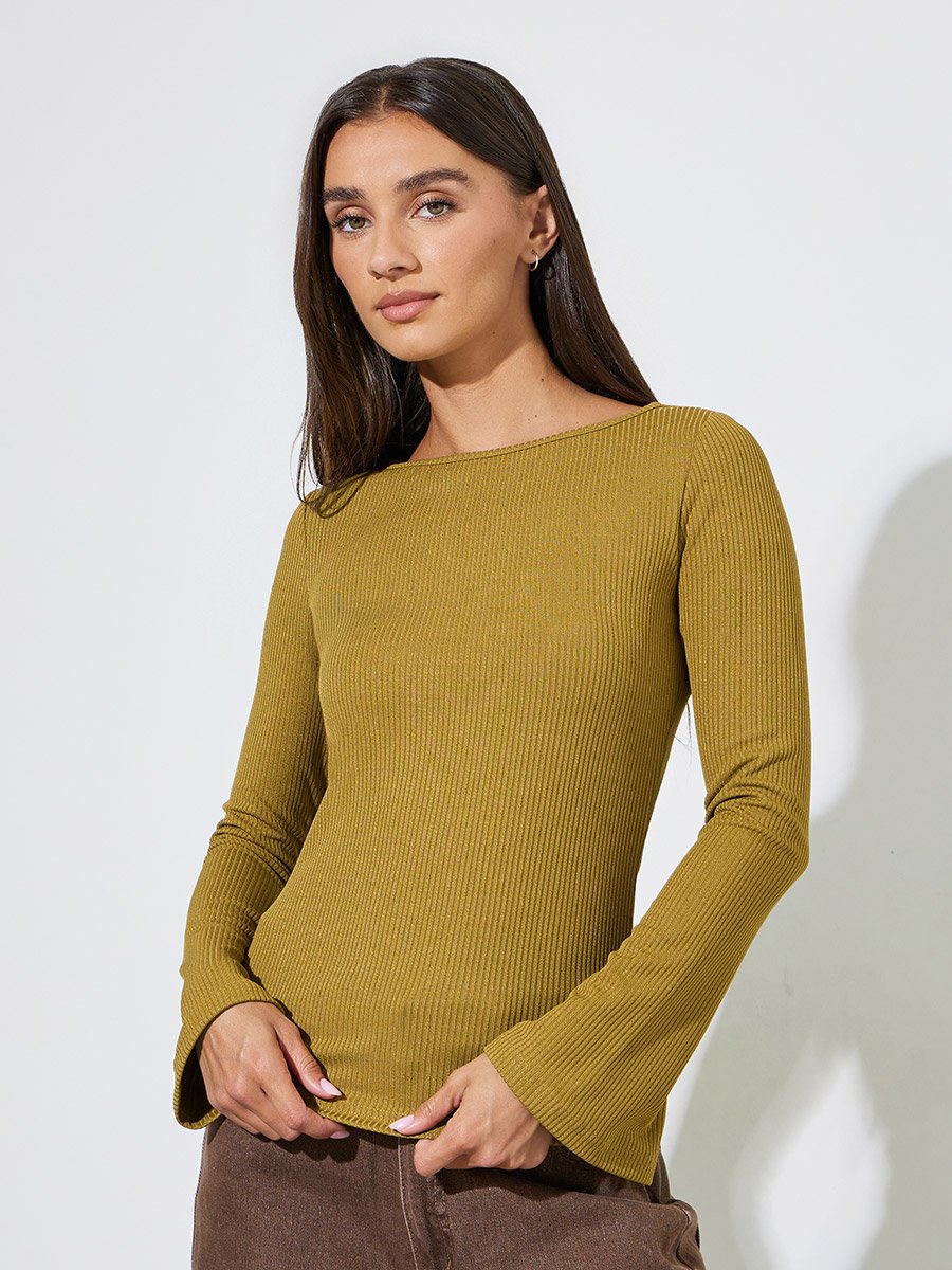 Mustard Long Flared Sleeves Wide Neck Knit Top