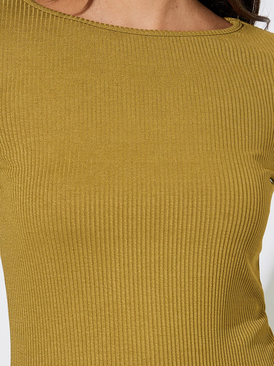 Mustard Long Flared Sleeves Wide Neck Knit Top