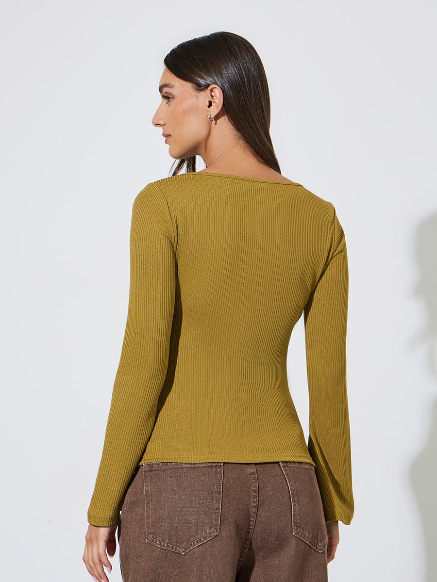 Mustard Long Flared Sleeves Wide Neck Knit Top