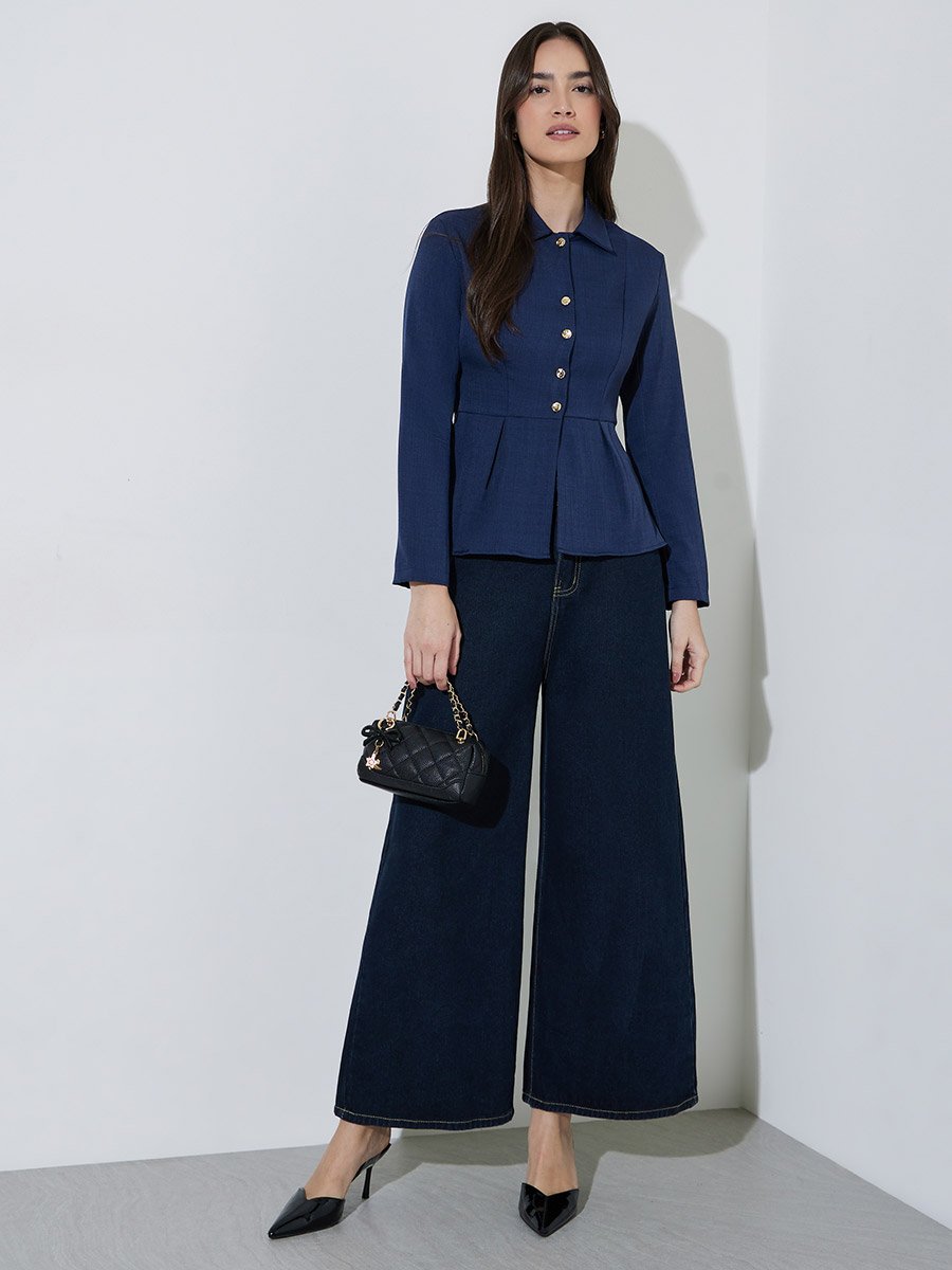 Navy Blue Peplum Shirt with Button Detail