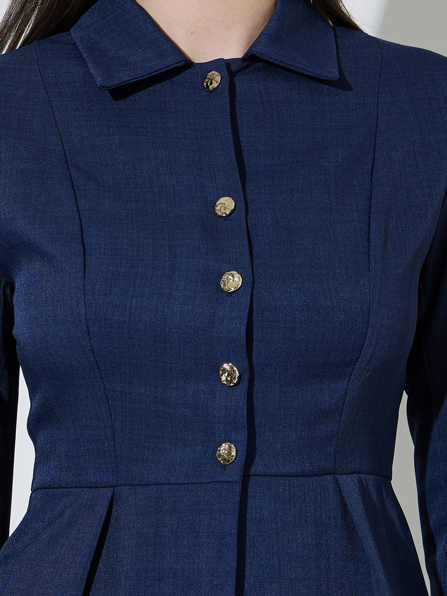 Navy Blue Peplum Shirt with Button Detail