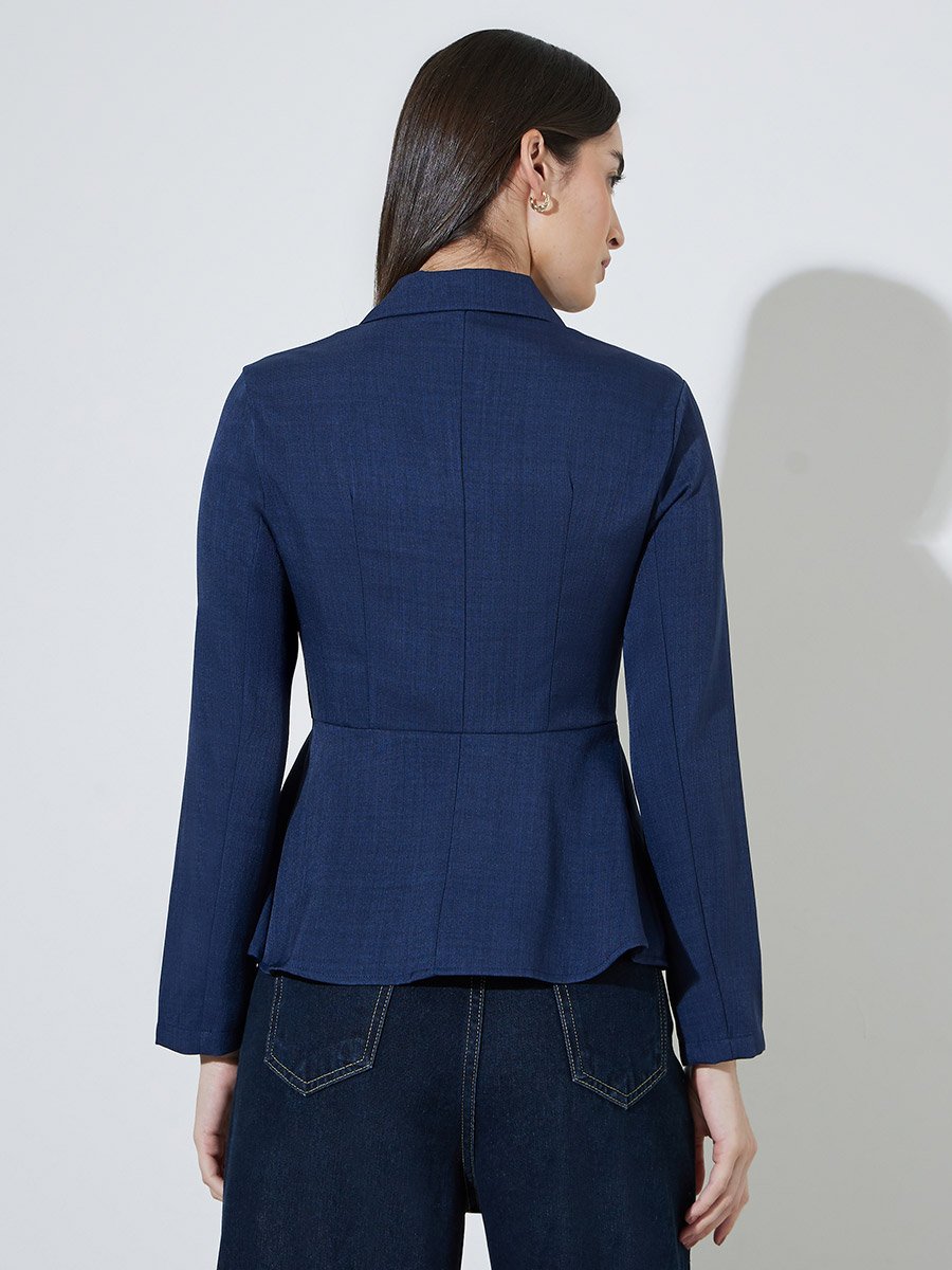 Navy Blue Peplum Shirt with Button Detail
