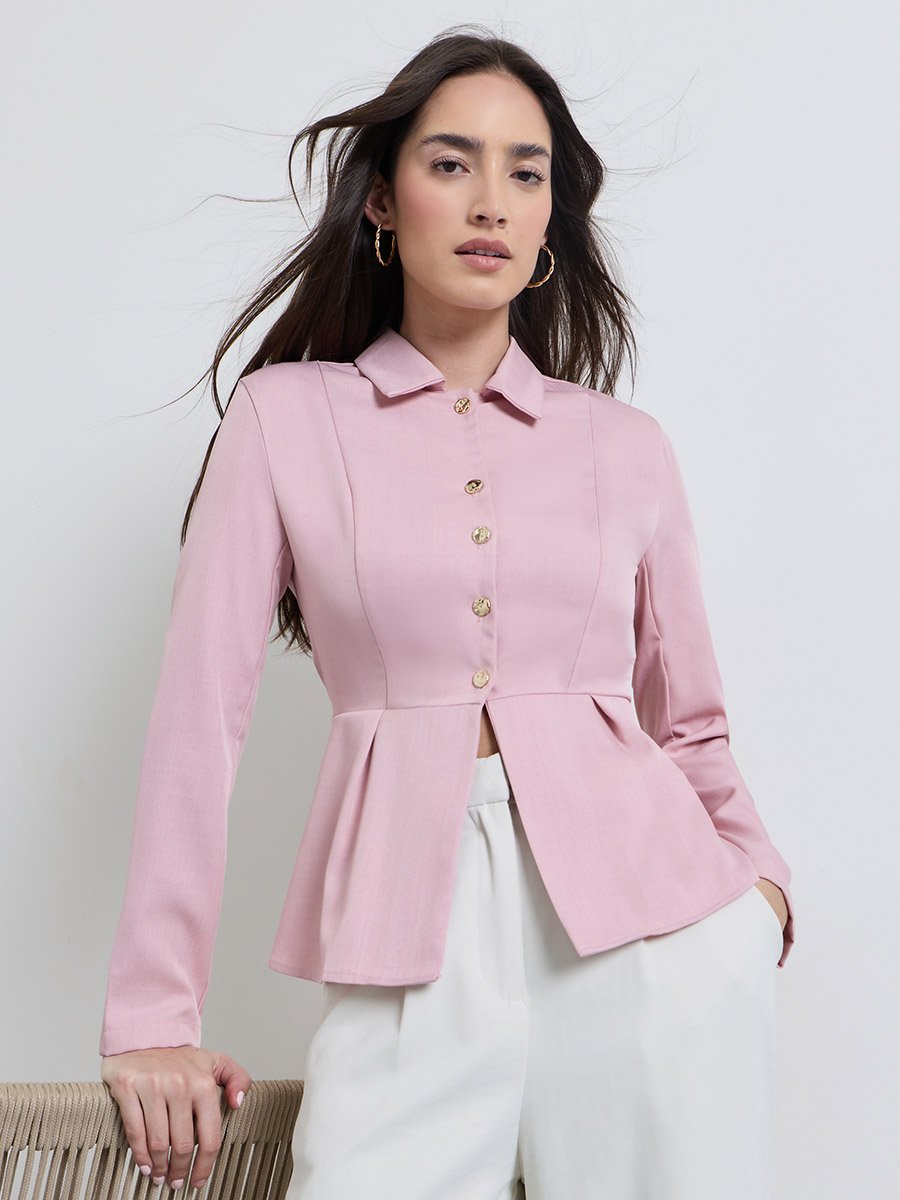 Pink Peplum Shirt with Button Detail