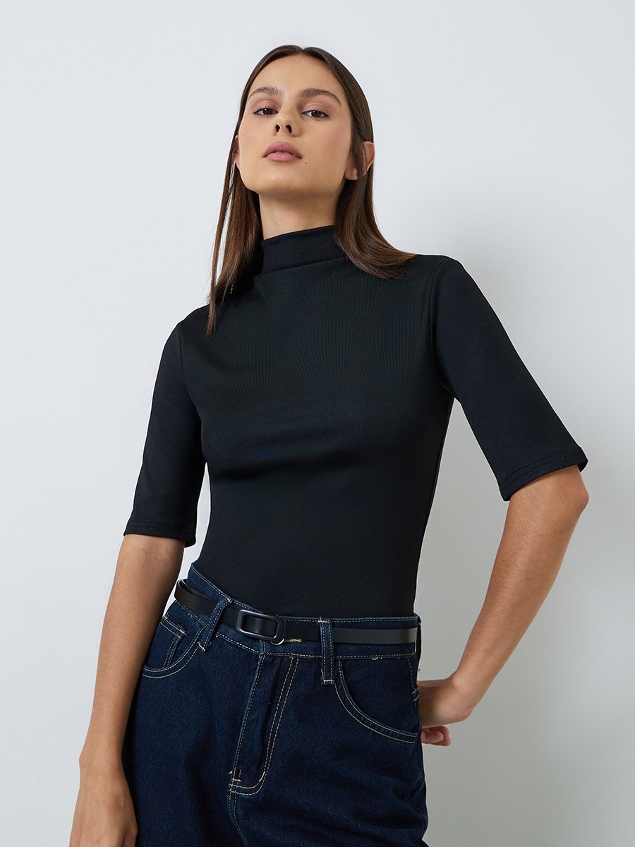 Black High Neck Fitted Knit Top