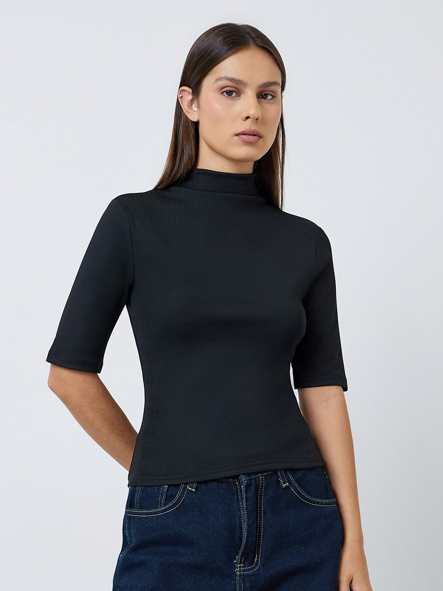 Black High Neck Fitted Knit Top