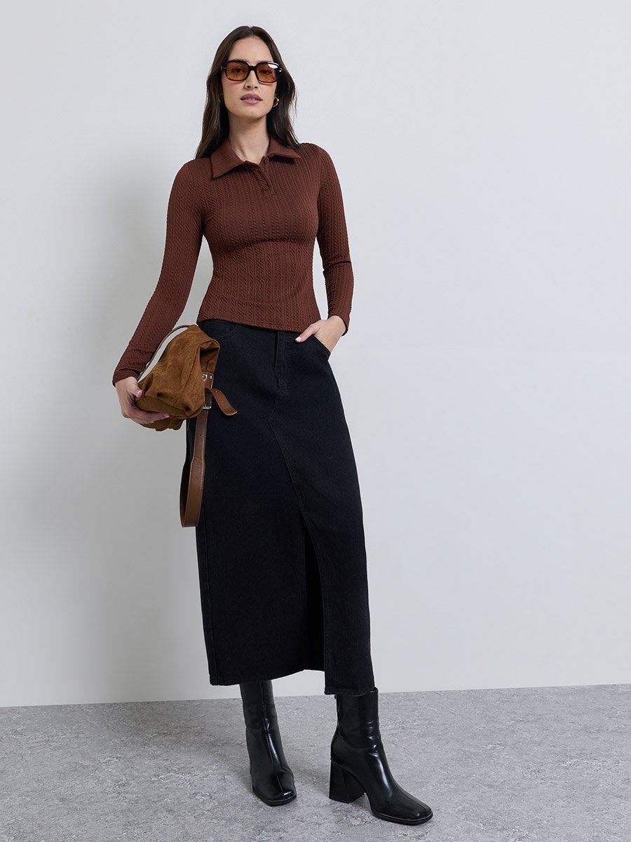 Brown Fitted Cable Knit Top