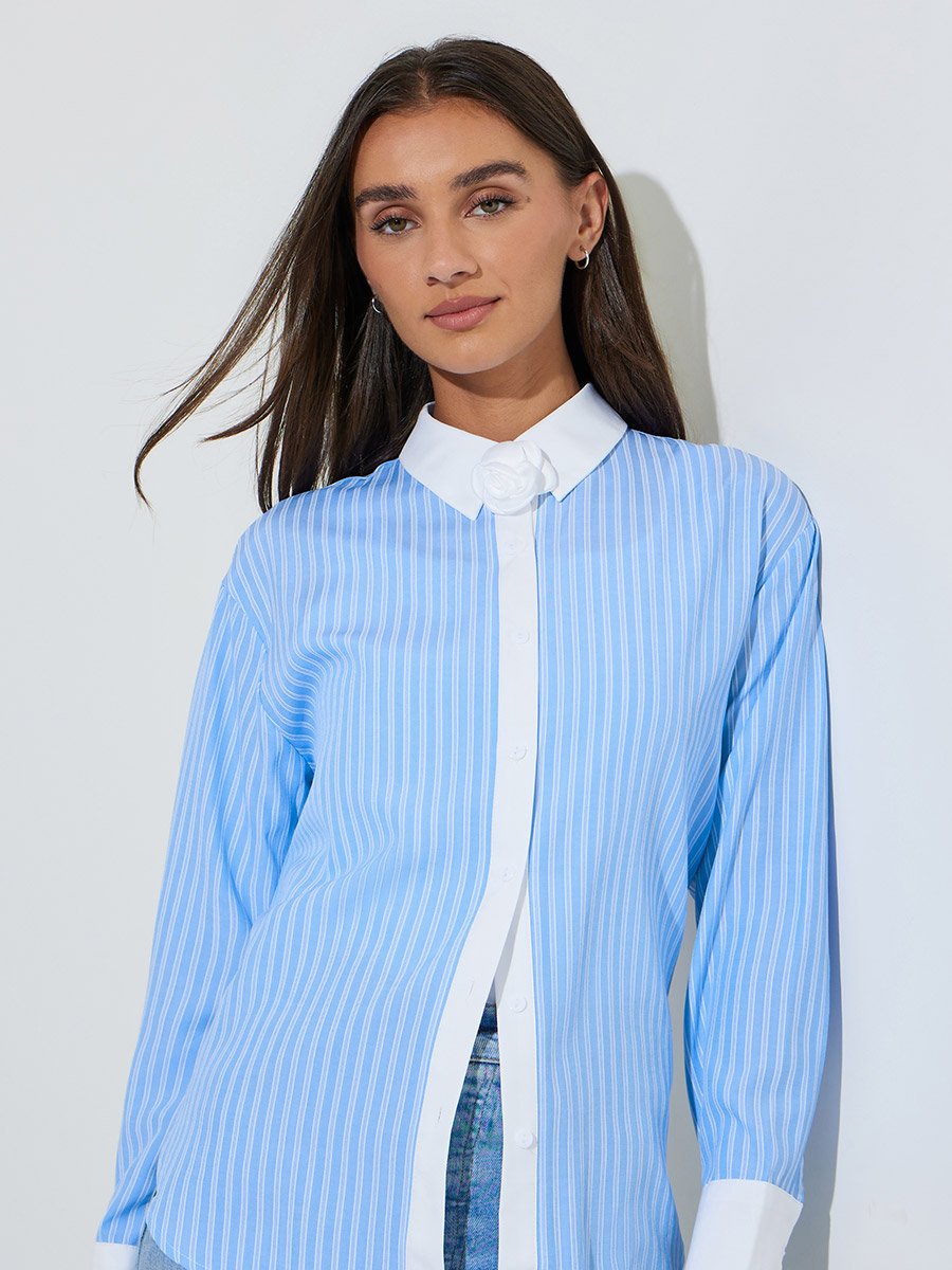 Blue Striped Contrast Trims Long Sleeves Oversized Shirt