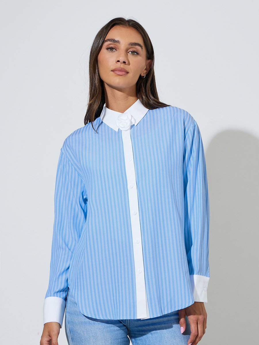 Blue Striped Contrast Trims Long Sleeves Oversized Shirt
