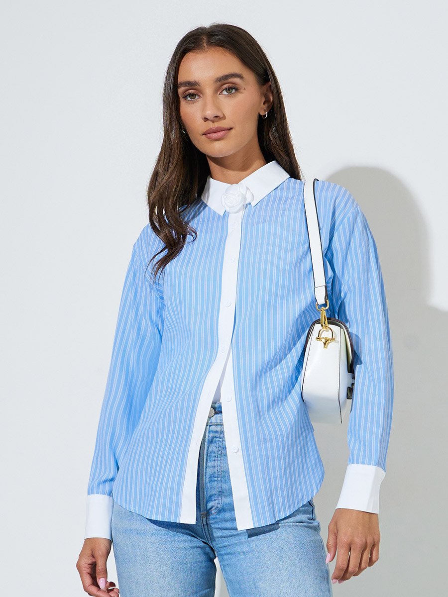 Blue Striped Contrast Trims Long Sleeves Oversized Shirt