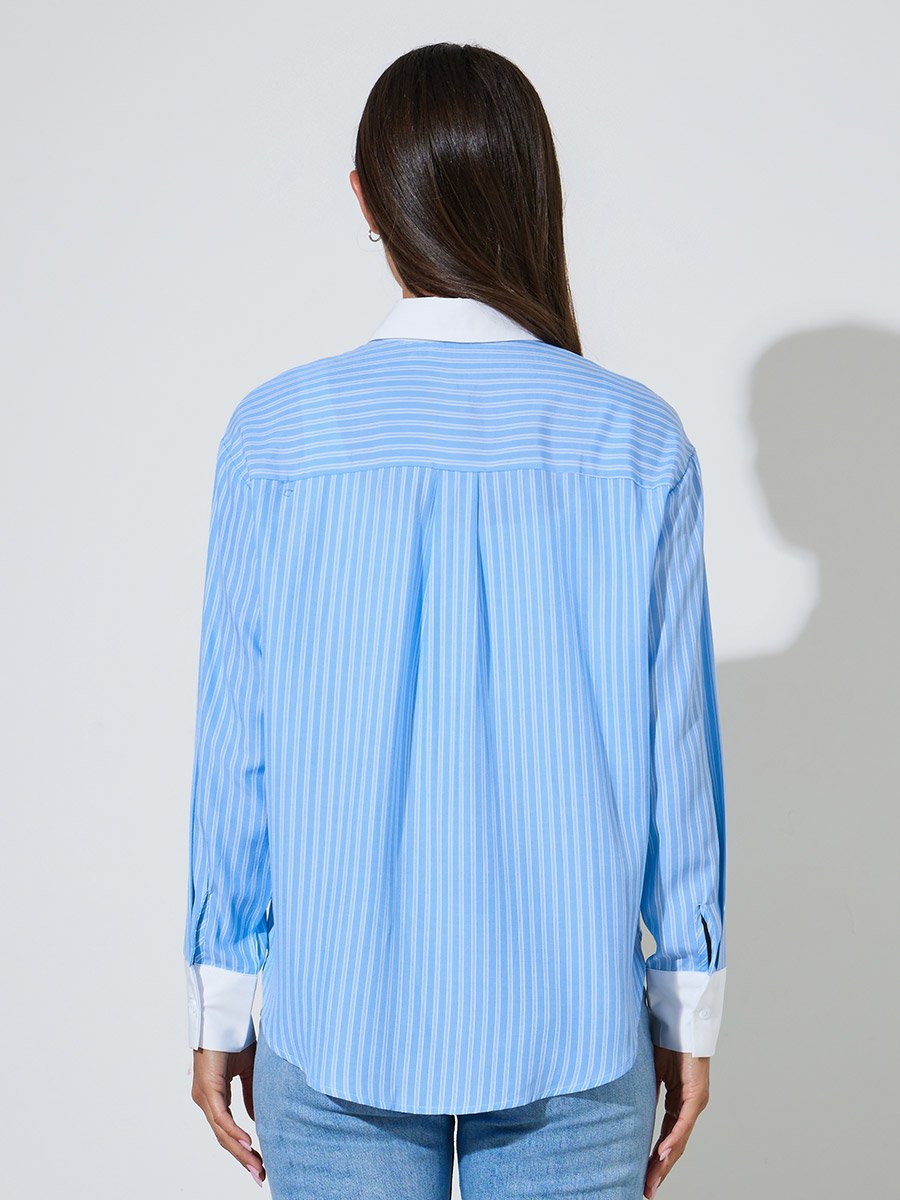 Blue Striped Contrast Trims Long Sleeves Oversized Shirt