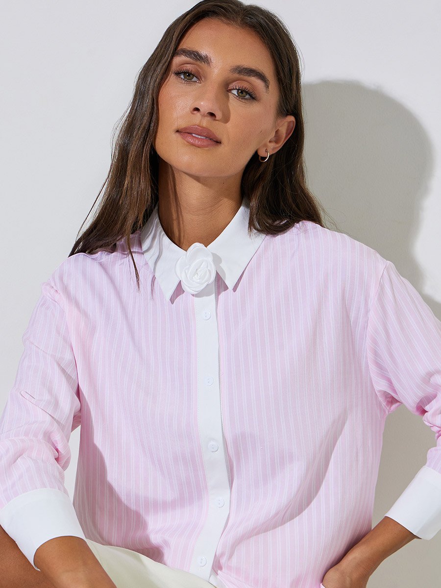 Pink Striped Contrast Trims Long Sleeves Oversized Shirt