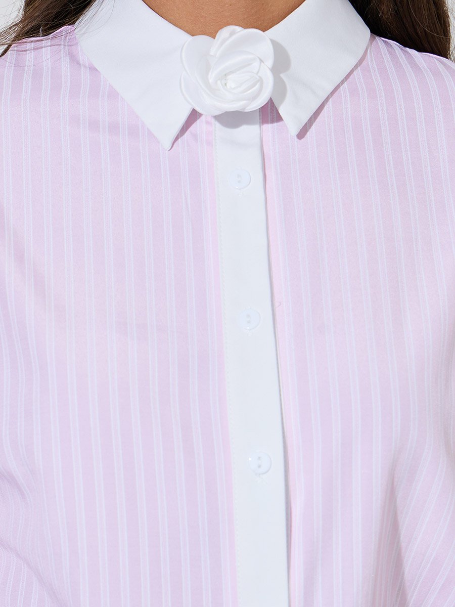 Pink Striped Contrast Trims Long Sleeves Oversized Shirt