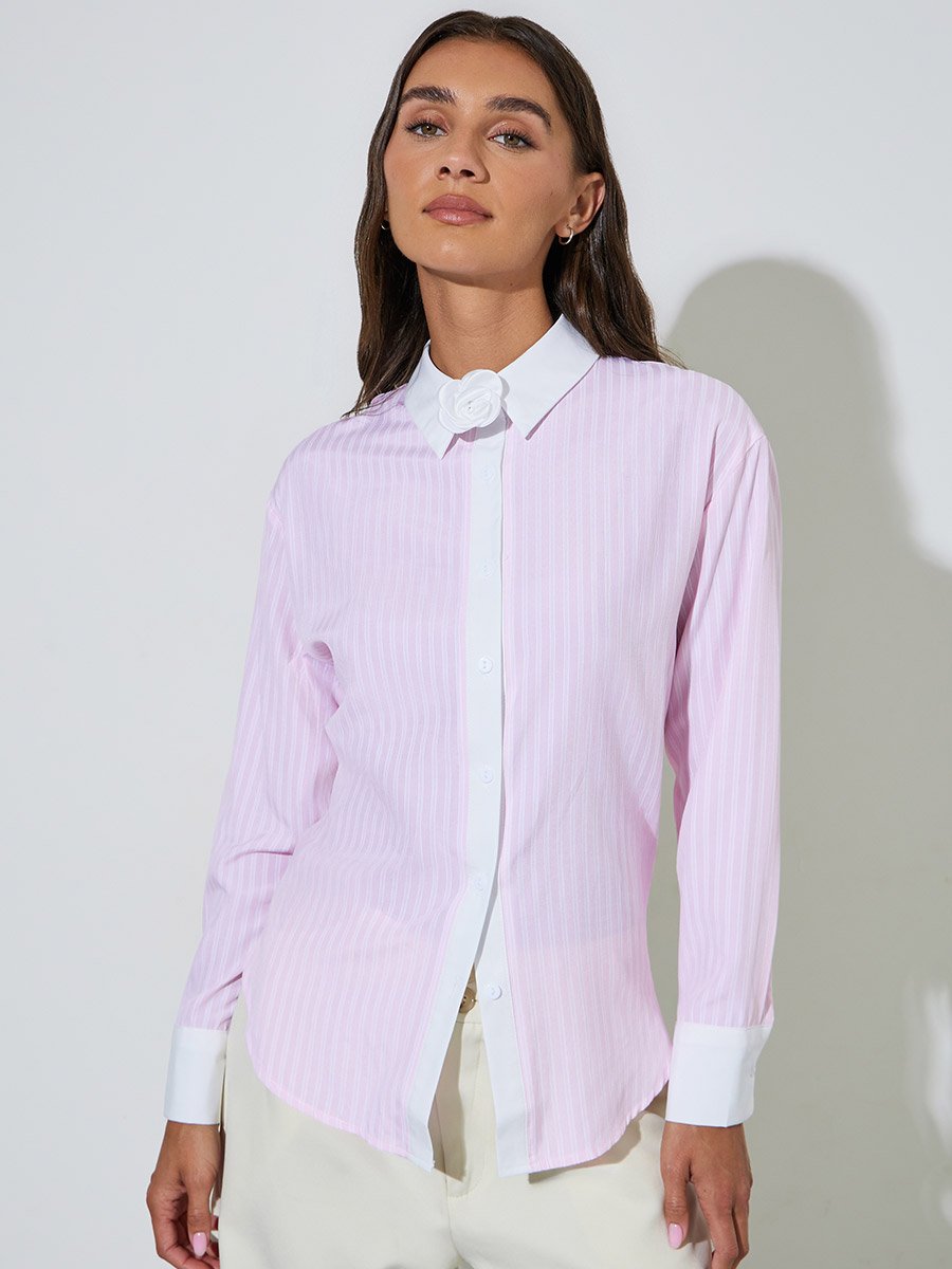 Pink Striped Contrast Trims Long Sleeves Oversized Shirt