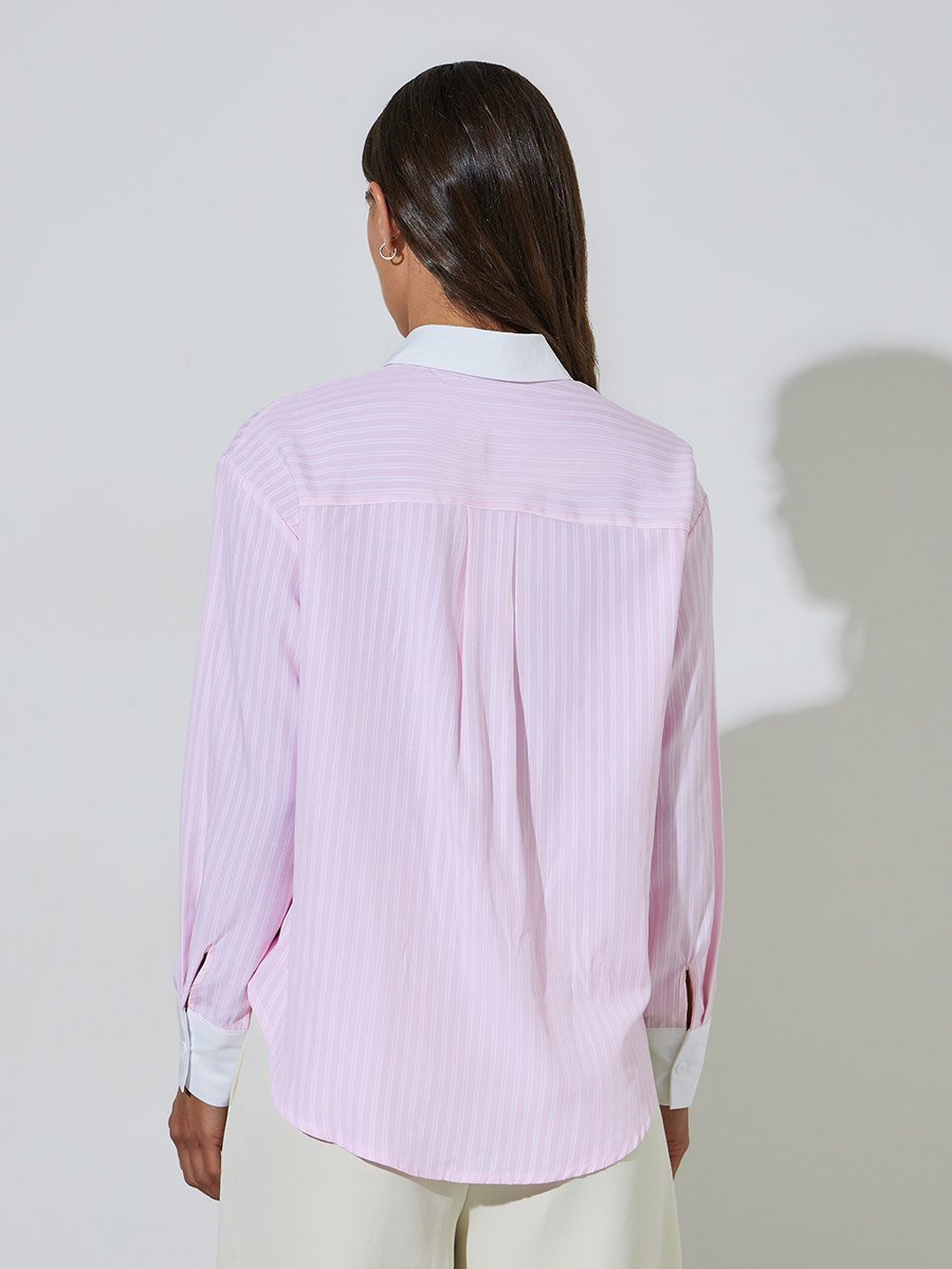 Pink Striped Contrast Trims Long Sleeves Oversized Shirt